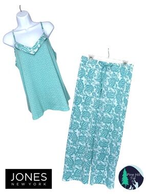 Jones NY Pajama Set 2 PC Cami Pants Womens Large Paisley Knit Teal Romantic EUC
